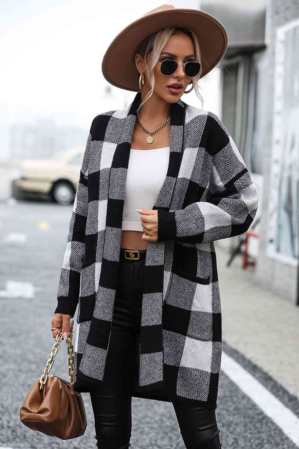 Cozy Plaid Open-Front Cardigan with Pocket