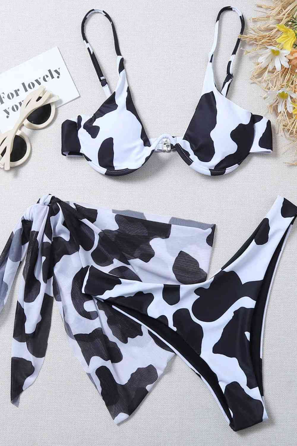 Chic Cow Print Underwire Bikini with Matching Sarong - High Cut Three-Piece Swimwear Se