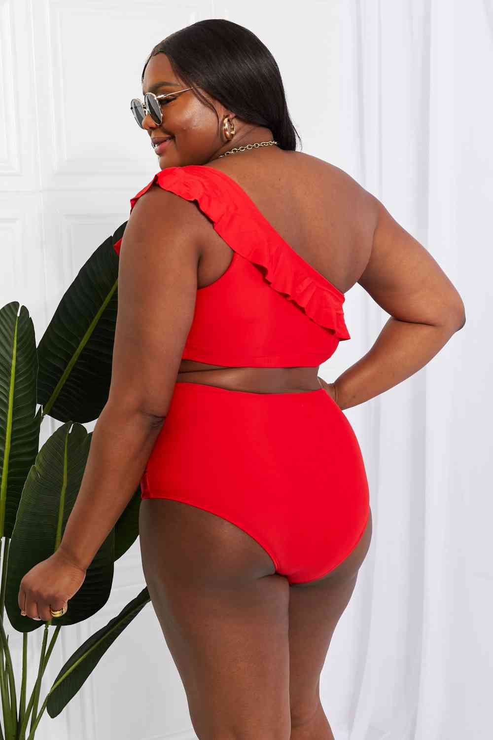 Asymmetrical Ruffle Top and High-Waisted Bikini Set - Solid Color Swimwear with Removable Pads