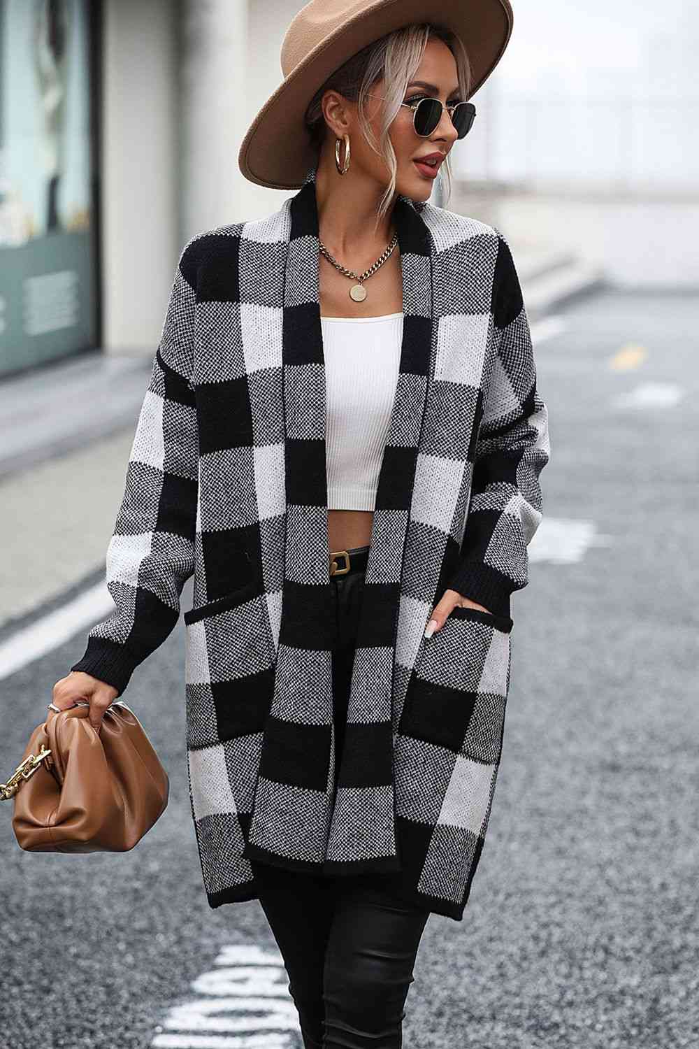 Cozy Plaid Open-Front Cardigan with Pocket