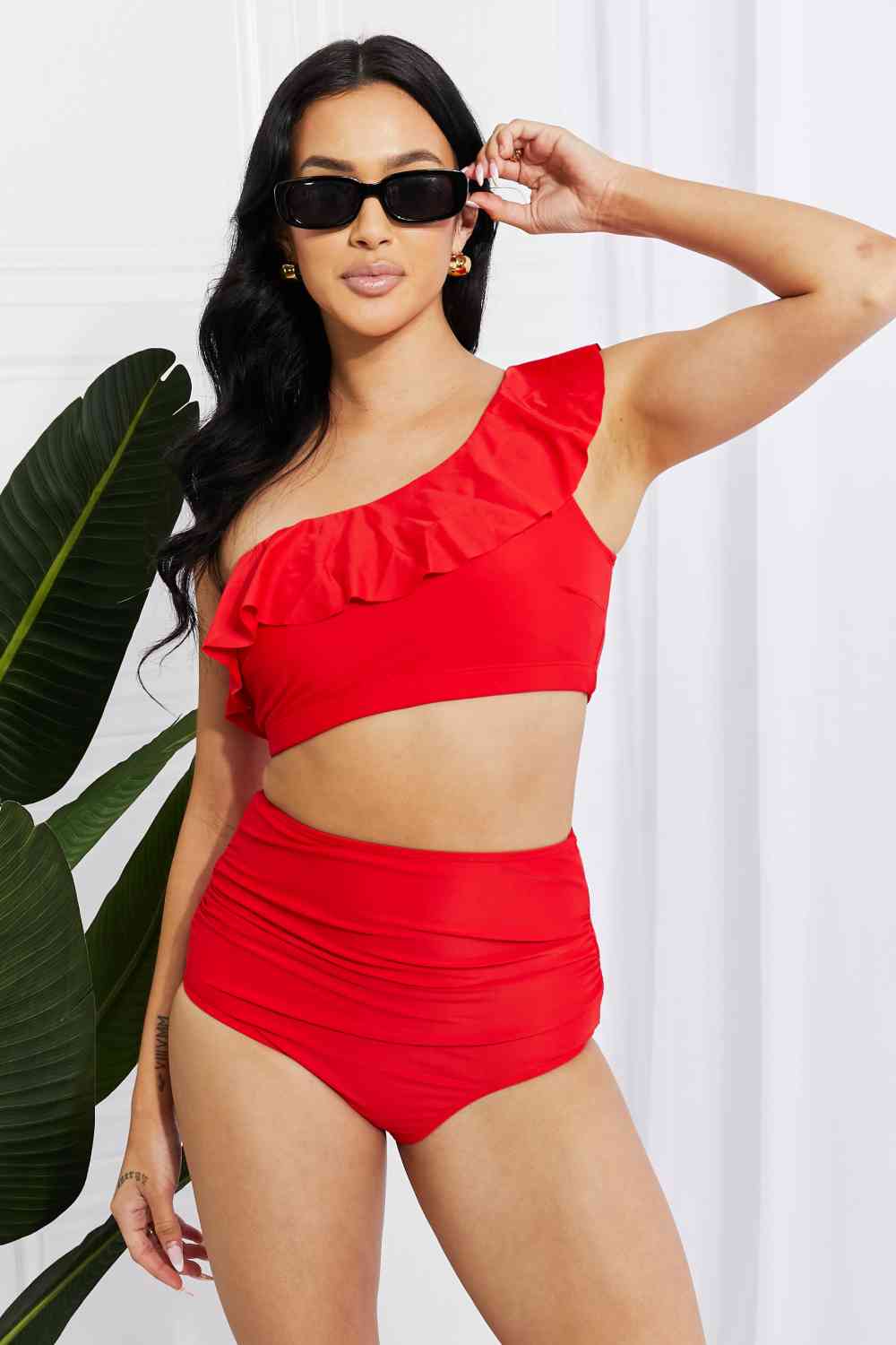 Asymmetrical Ruffle Top and High-Waisted Bikini Set - Solid Color Swimwear with Removable Pads