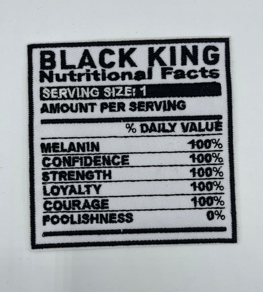 Black King Nutritional Facts Embroidered Iron-On Patch – Empowerment Fashion Accessory for Clothing & Bags